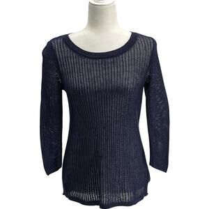 Talbots Petite Linen Sweater Dark Blue Open Stitch Long Sleeve Crew Neck Size M